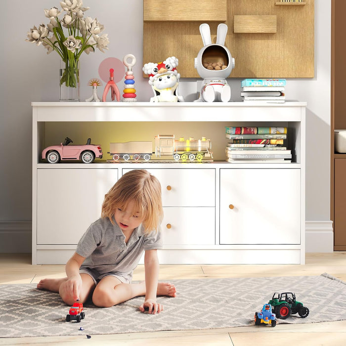 Organizzatore per Giocattoli per Bambini, Scaffale in Legno con Scomparto Aperto 2 Cassetti e 2 Ante, Mobile Multifunzionale per Sala Giochi Camera da Letto Asilo, 106x30x62 cm (Bianco)