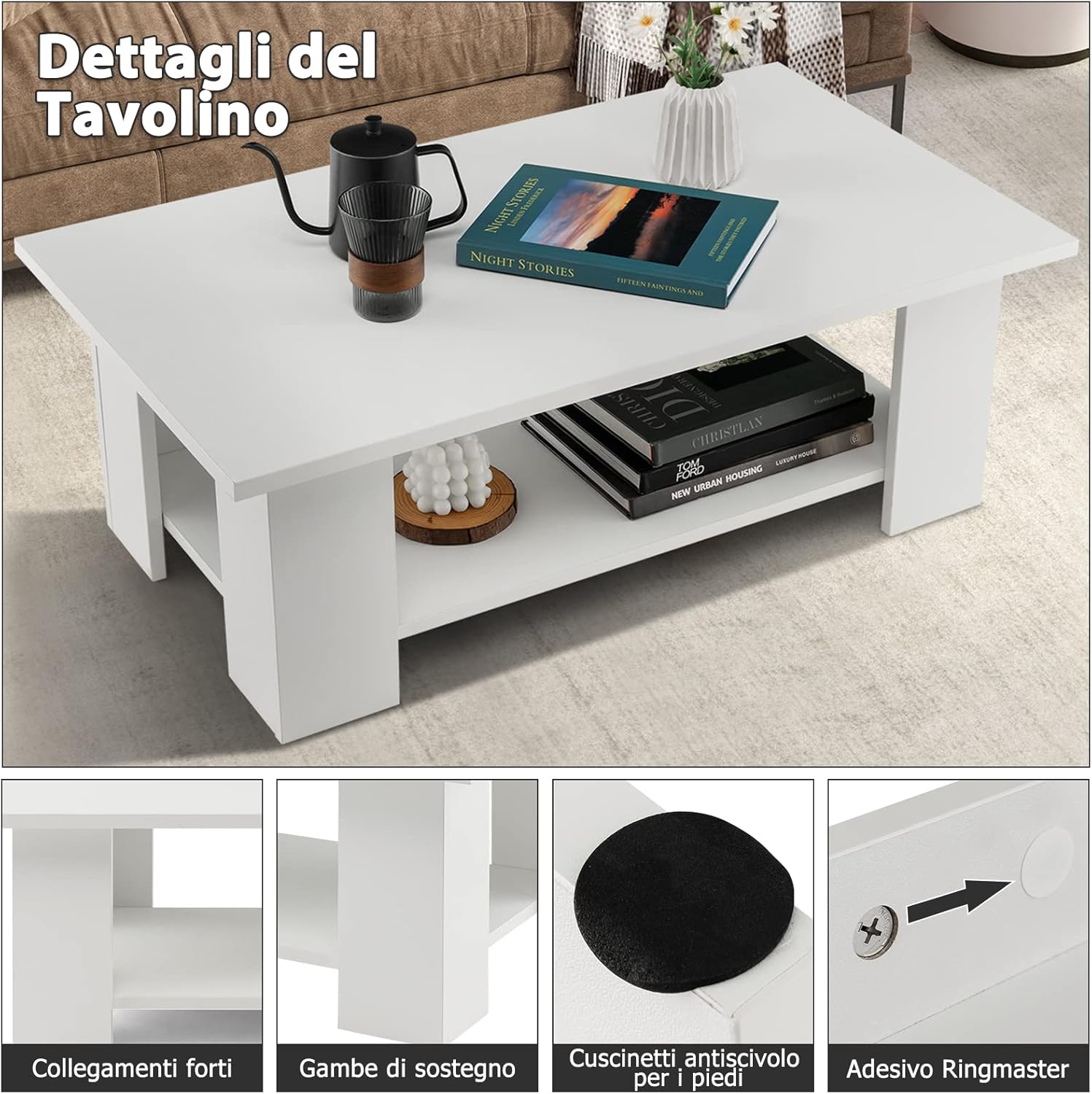 Tavolino da Salotto in Legno, Tavolino Basso Modero in Legno a 2 Livelli con Ripiano Aperto, Tavolo Rettangolare per Soggiorno, Studio e Sala di Ricevimento, 90 x 52 x 32 cm, Bianco