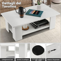 Tavolino da Salotto in Legno, Tavolino Basso Modero in Legno a 2 Livelli con Ripiano Aperto, Tavolo Rettangolare per Soggiorno, Studio e Sala di Ricevimento, 90 x 52 x 32 cm, Bianco