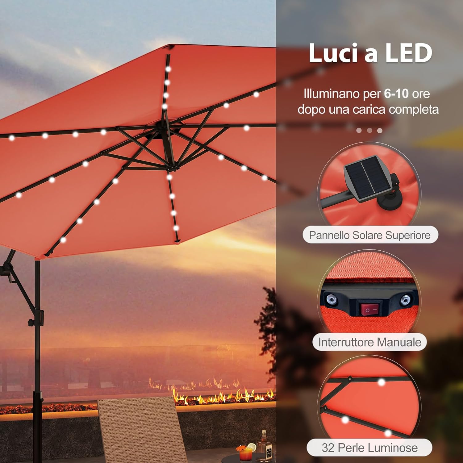 Ombrellone da Giardino ∅300 cm con 32 Luci LED, Ombrellone Prendisole con Rotazione di 360°, Inclinazione Regolabile, 8 Stecche, Manovella, per Giardino Piscina Cortile (Arancione)