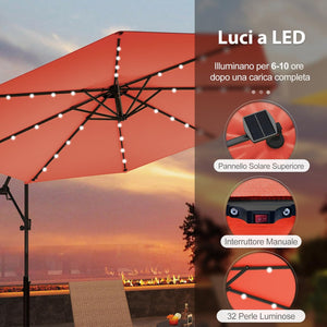 Ombrellone da Giardino ∅300 cm con 32 Luci LED, Ombrellone Prendisole con Rotazione di 360°, Inclinazione Regolabile, 8 Stecche, Manovella, per Giardino Piscina Cortile (Arancione)