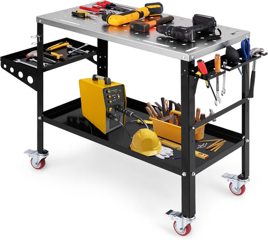 Tavolo da Lavoro, Banco da Lavoro con Supporto per Attrezzi e Vassoio, Fori per Fissaggio, 8 Slot per Attrezzi e Portabocchette per Saldatura, con Ruote, Capacità di Carico 540 KG (Modello 1)