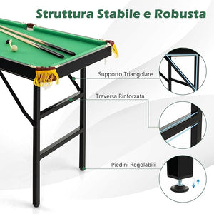 Tavolo da Biliardo Pieghevole, Mini Tavolo da Gioco Biliardo con Set di Accessori Stecche Palline Gessetti e Spazzola, Piedi Regolabili, per Sala Giochi bar Palestra, 122x64x78 cm