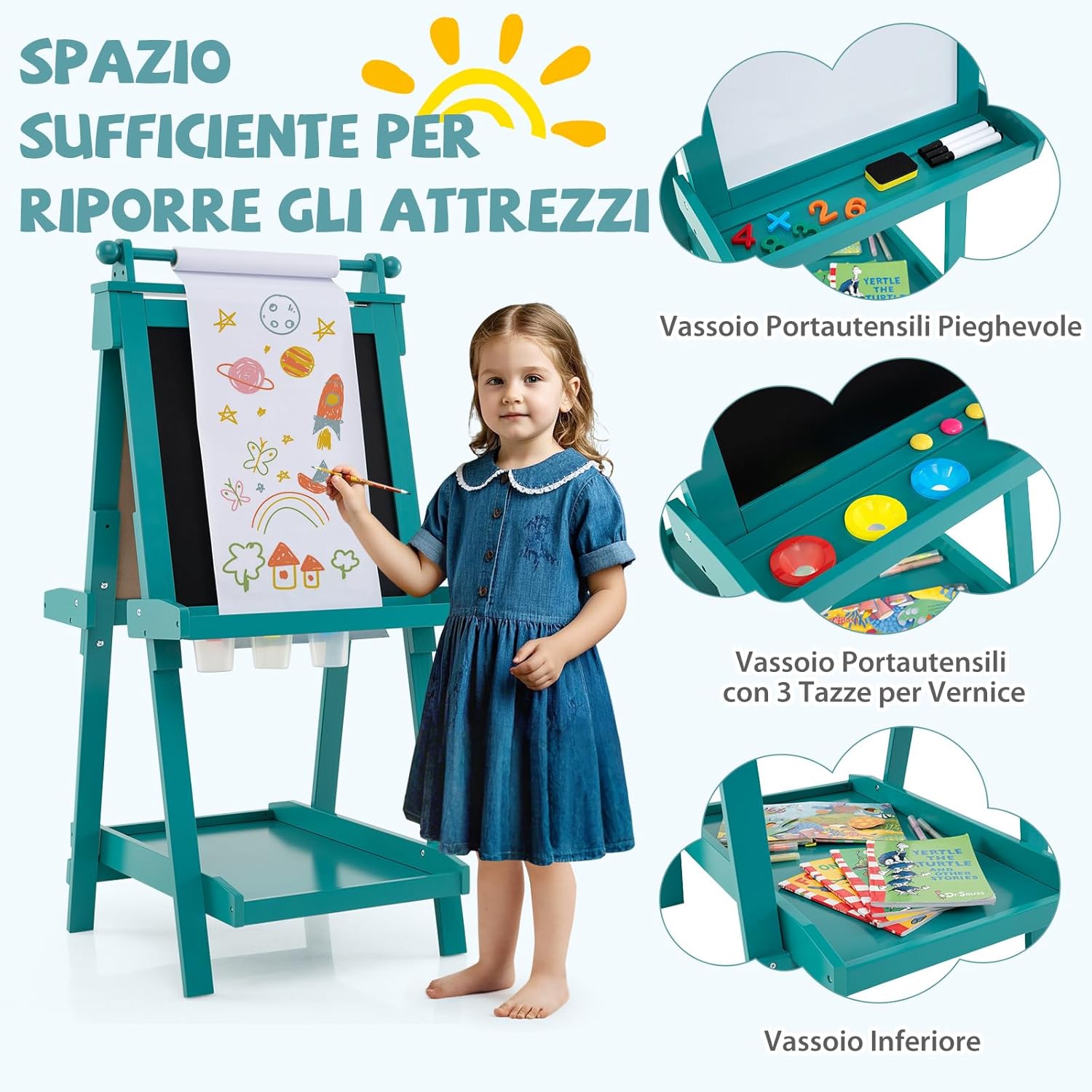 Lavagna per Bambini 3 in 1, Lavagna Magnetica con Lavagna Bifacciale, Rotolo di Carta, Vassoi Portaoggetti e 3 Bicchieri per Pittura, Cavalletto in Legno per Bambini 3+ Anni (Verde)
