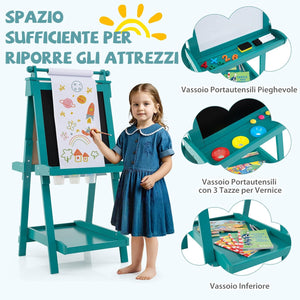 Lavagna per Bambini 3 in 1, Lavagna Magnetica con Lavagna Bifacciale, Rotolo di Carta, Vassoi Portaoggetti e 3 Bicchieri per Pittura, Cavalletto in Legno per Bambini 3+ Anni (Verde)