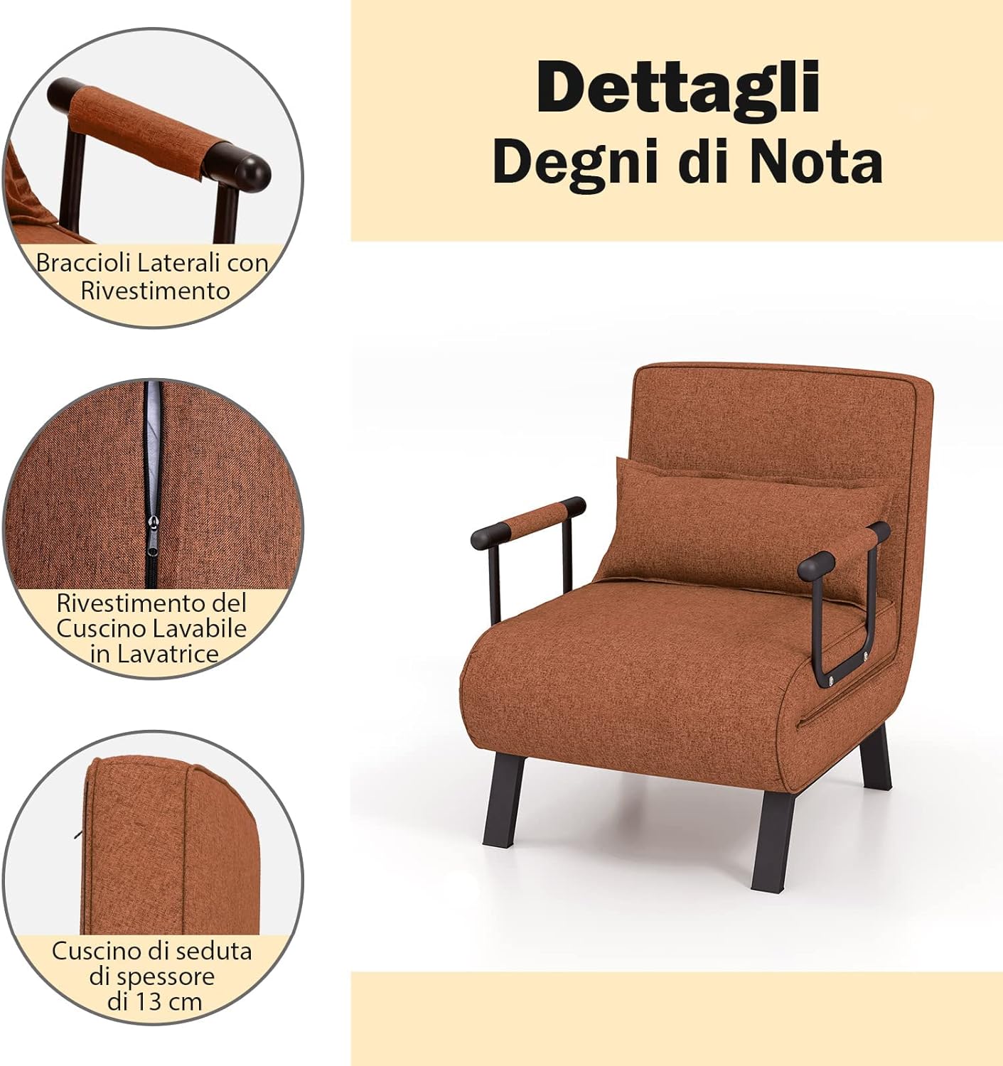 4 in 1 Poltrona Letto Singolo, Poltroncina Pieghevole con Schienale Regolabile in 6 Posizioni, Sedile Imbottito Robusto, Divano Letto per Casa Ufficio, 79x65x79 cm (Caffè)