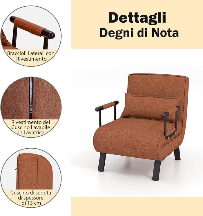 4 in 1 Poltrona Letto Singolo, Poltroncina Pieghevole con Schienale Regolabile in 6 Posizioni, Sedile Imbottito Robusto, Divano Letto per Casa Ufficio, 79x65x79 cm (Caffè)