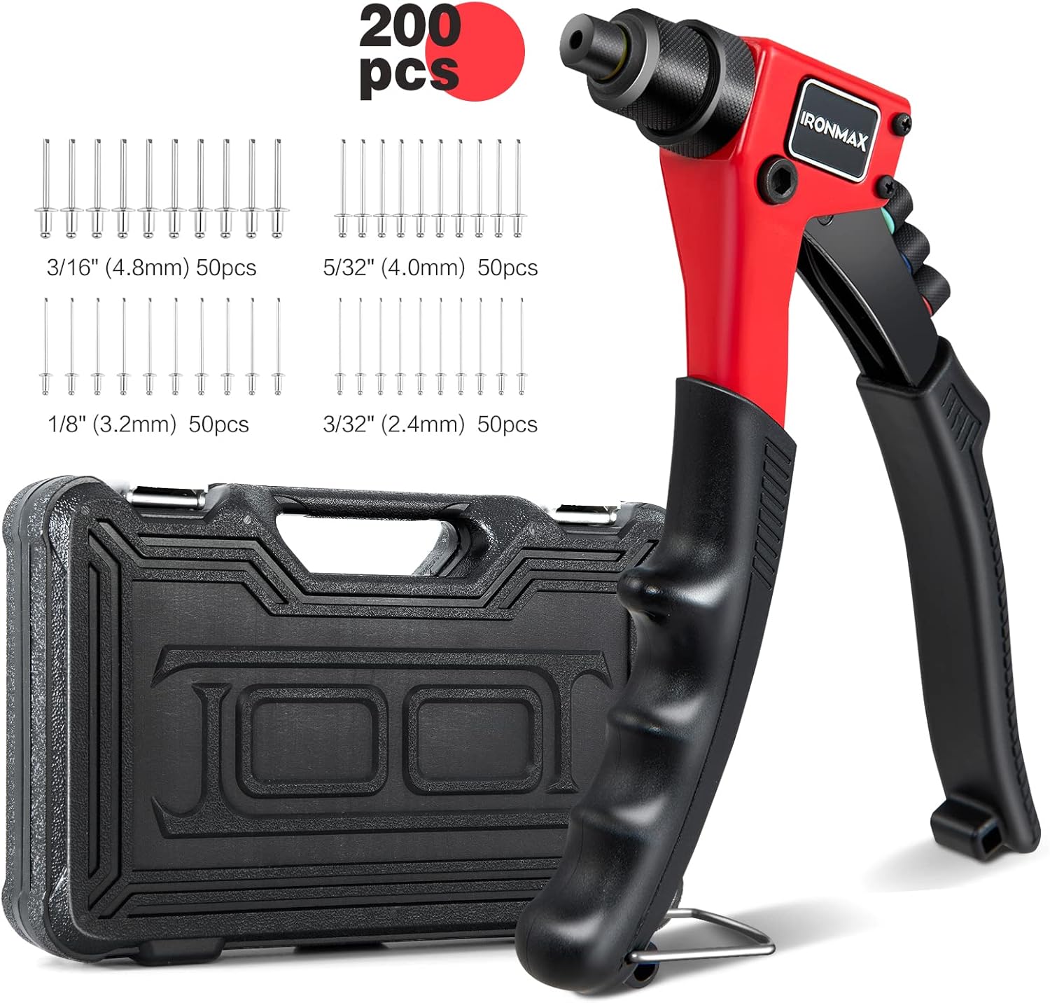 Rivettatrice Manuale con 4 Testa Intercambiabile, Pistola per Rivetti con 200 Pezzi Rivetti e Custodia per il Trasporto, per Automobili, Ferrovie, Mobili, Strumenti