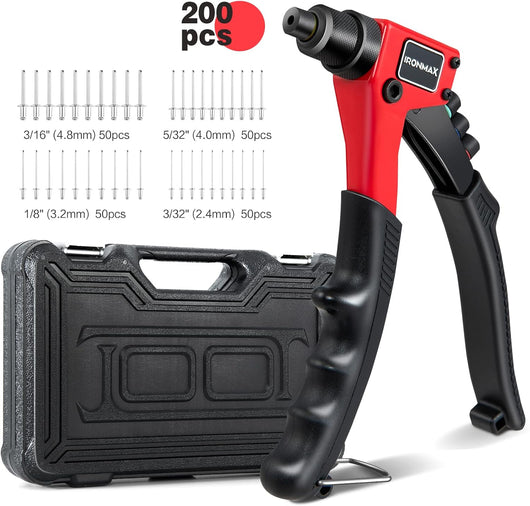 Rivettatrice Manuale con 4 Testa Intercambiabile, Pistola per Rivetti con 200 Pezzi Rivetti e Custodia per il Trasporto, per Automobili, Ferrovie, Mobili, Strumenti