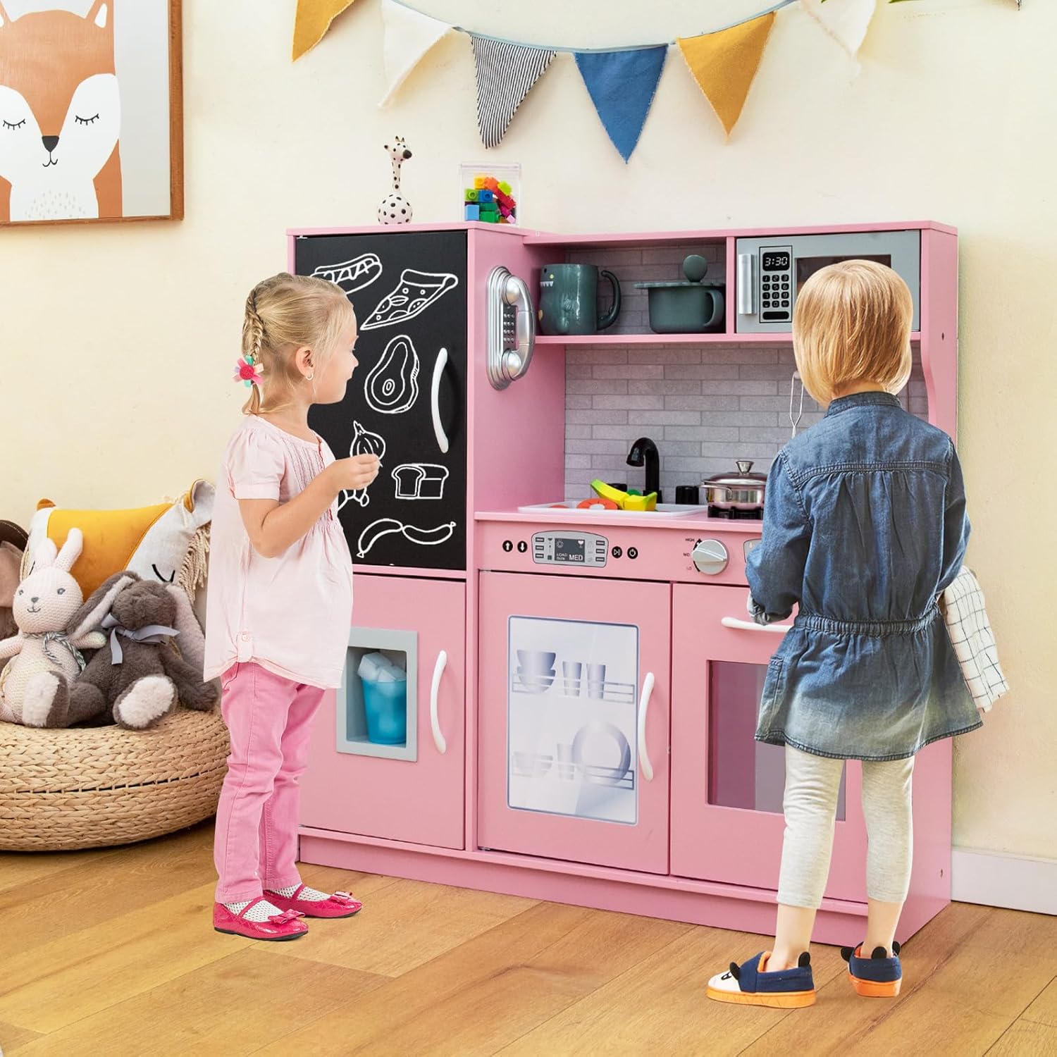 Set da Cucina per Bambini con Lavagna, Telefono, Microonde, Fabbricatore di Ghiaccio, Giocattolo da Cucina in Legno con Accessori e Suoni Simulati per Ragazzi di 3-6 Anni (Rosa)