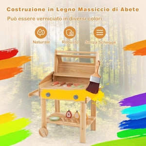 Barbecue Giocattolo per Giardino in Legno di Abete, Griglia Carrello Bambini con Cibo, Set Cucina Giocattolo con 25 Accessori BBQ, 53 x 36 x 63 cm, per Bambini 3+ Anni