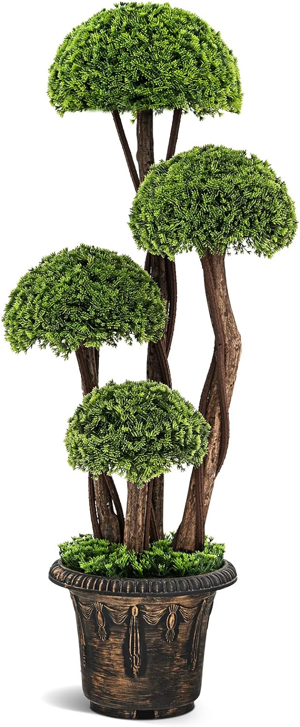 Albero Artificiale 90 CM, Cipresso Finto da Interno ed Esterno con Tronco in Rattan e Vaso Riempito di Cemento, Pianta Artificiale Realistica da Casa, Ingresso e Ufficio