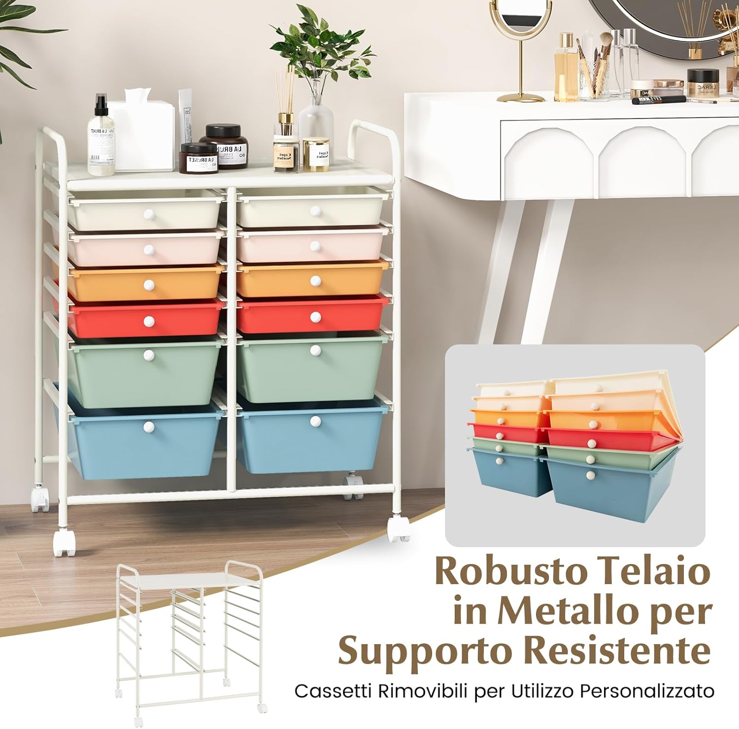Carrello con 12 Cassetti con Ruote, Carrello di Stoccaggio Multiuso con Ampio Spazio di Archiviazione, Ideale per Casa Ufficio Domestico, 73,5 x 37 x 63 cm (Multicolore)
