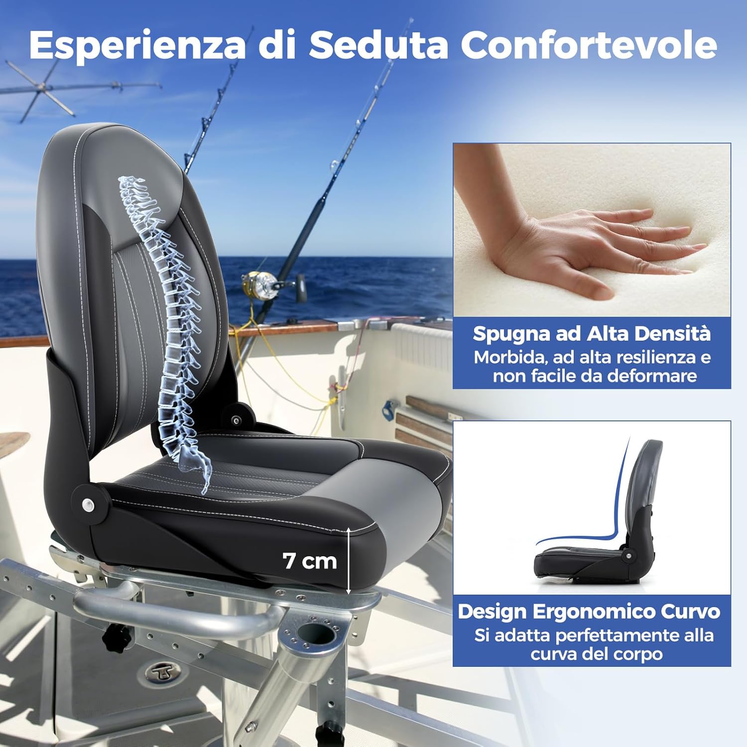 Set di 2 Sedie da Barca, Sedili Alti da Barca Pieghevole Morbide Imbottite Spesse, Sedile Nautica Ergonomico per Imbarcazioni da Pesca, 46 x 52 x 58 cm, Nero e Grigio