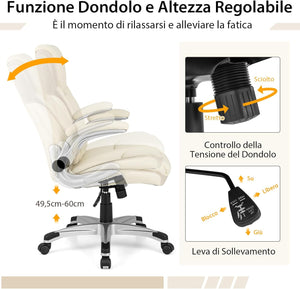 Sedia da Ufficio Girevole, Sedia da Scrivania in Ecopelle con Funzione Dondolo e Altezza Regolabile, Sedia con Ruote per Ufficio e Studio, Carico Massimo 160 kg