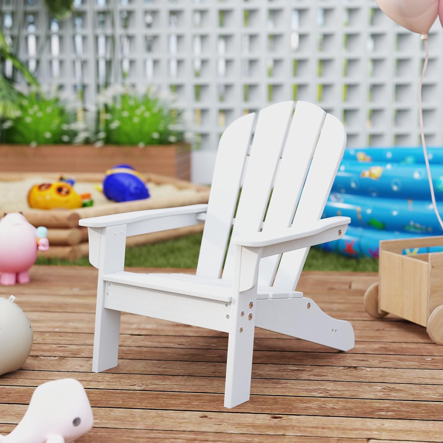 Sedia Adirondack per Bambini da Giardino, Sedie Ergonomica in HDPE con Schienale Inclinato e Braccioli, Poltrona per Interno ed Esterno, per Bambini 3 a 8 Anni, 52 x 53,5 x 64 cm (Bianco)