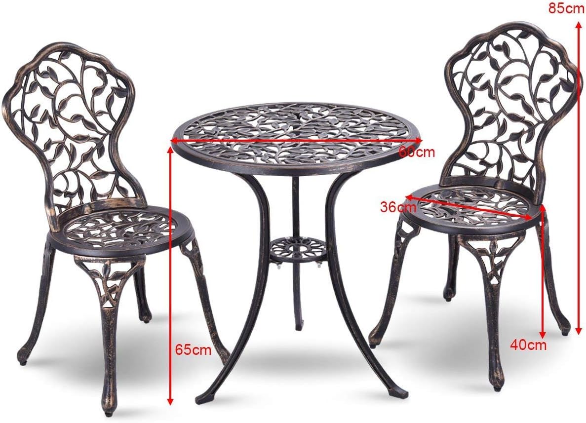 Tavolo da Giardino con Sedie in Fusione di Alluminio, Mobili da Esterno con 1 Tavolino Rotondo e 2 Sedie, Ideale per Balcone, Piscina, Cortile e Giardino