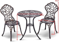 Tavolo da Giardino con Sedie in Fusione di Alluminio, Mobili da Esterno con 1 Tavolino Rotondo e 2 Sedie, Ideale per Balcone, Piscina, Cortile e Giardino