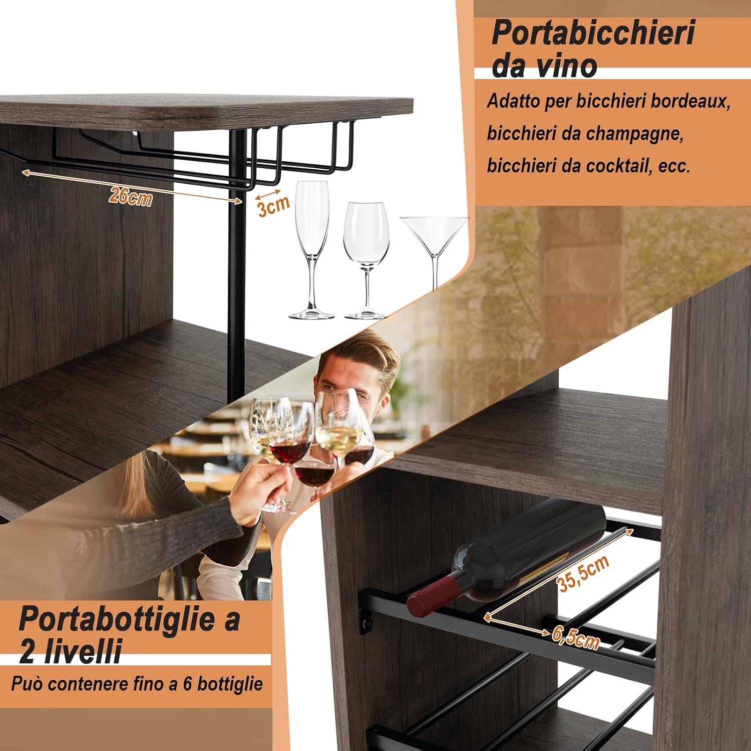 Set 3 Pezzi Tavolo e Sedie da Bar, Tavolo e Sgabelli da Pub Industriale con Porta Calici e 6 Portabottiglie da Vino, Set di Tavolo per Sala da Pranzo, Ristorante e Bar (Marrone)