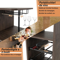 Set 3 Pezzi Tavolo e Sedie da Bar, Tavolo e Sgabelli da Pub Industriale con Porta Calici e 6 Portabottiglie da Vino, Set di Tavolo per Sala da Pranzo, Ristorante e Bar (Marrone)