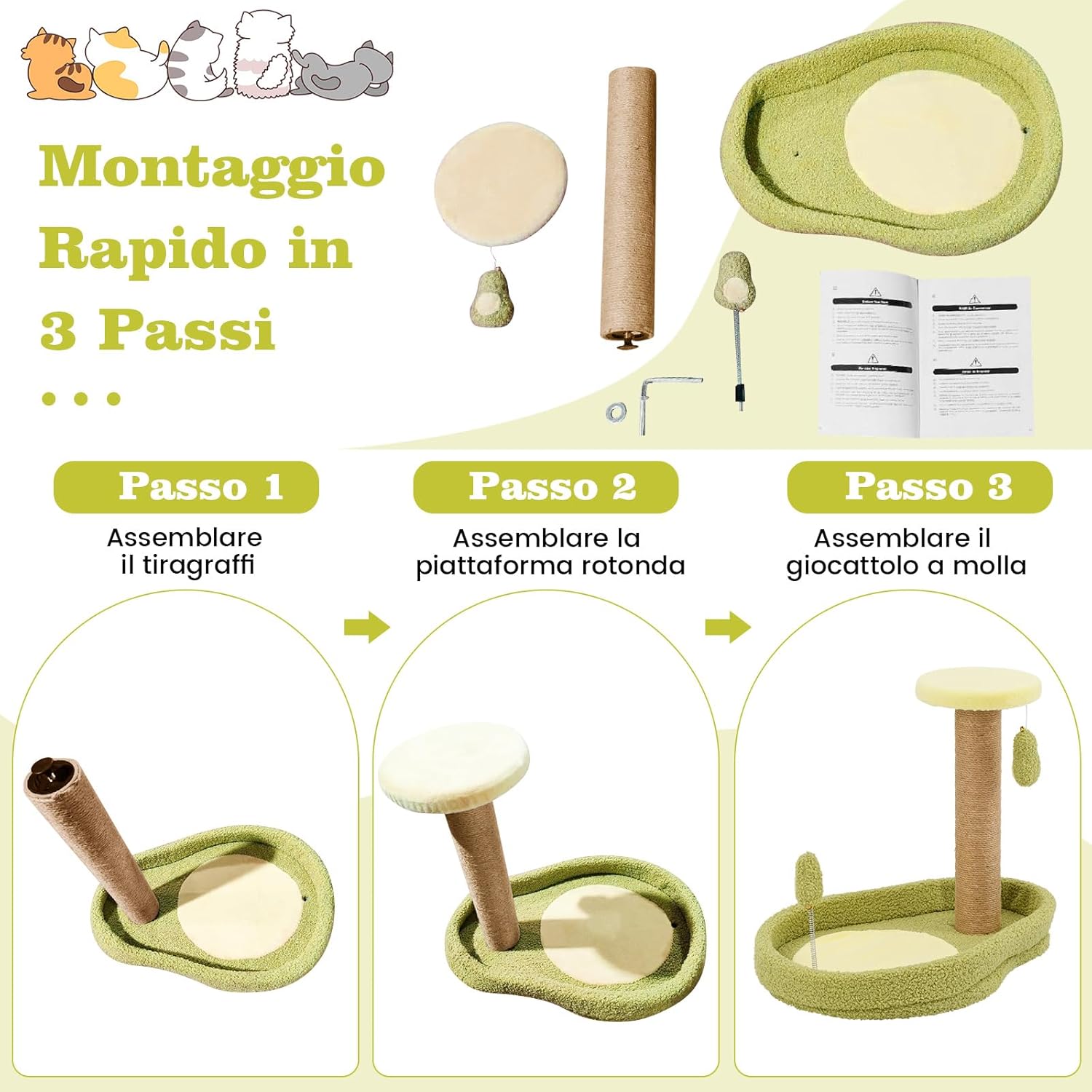 Tiragraffi per Gatto Alto 40 cm con Lettino Stile Avocado, Albero Tiragraffi Gatti con Palo a Corda in Juta, Piattaforma e 2 Pompon, Cuccia Albero Gatto Rivestito in Peluche, Verde