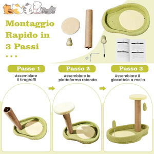 Tiragraffi per Gatto Alto 40 cm con Lettino Stile Avocado, Albero Tiragraffi Gatti con Palo a Corda in Juta, Piattaforma e 2 Pompon, Cuccia Albero Gatto Rivestito in Peluche, Verde
