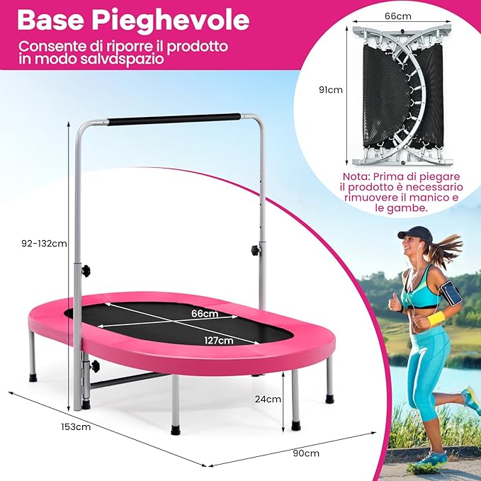 Trampolino Elastico da Interno ed Esterno, Tappetino Elastico Pieghevole per Adulti e Bambini con Maniglia Regolabile, Molle e Cuscinetto di Sicurezza, Trampolino Ovale per 2 Persone