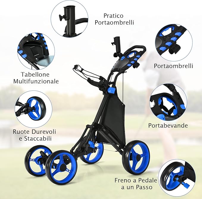 Carrello da Golf a Spinta e a Trazione, Carrello Golf Pieghevole Leggero a 4 Ruote con Borsa Impermeabile, Freno a Pedale, Porta Tazza e Porta Ombrello Regolabile(Blu)