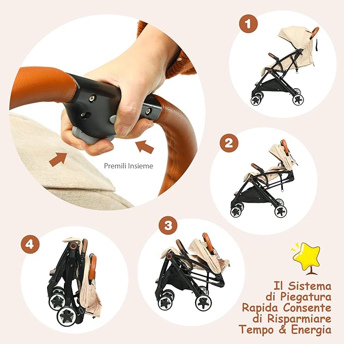 Passeggino Pighevole per Bmabini, Passeggino con Schienale e Poggiapiedi Regolabili, Passeggino Leggero Portata 15 kg, con Cappottina e Zanzariera, per Bambini 0-3 Anni (Beige)
