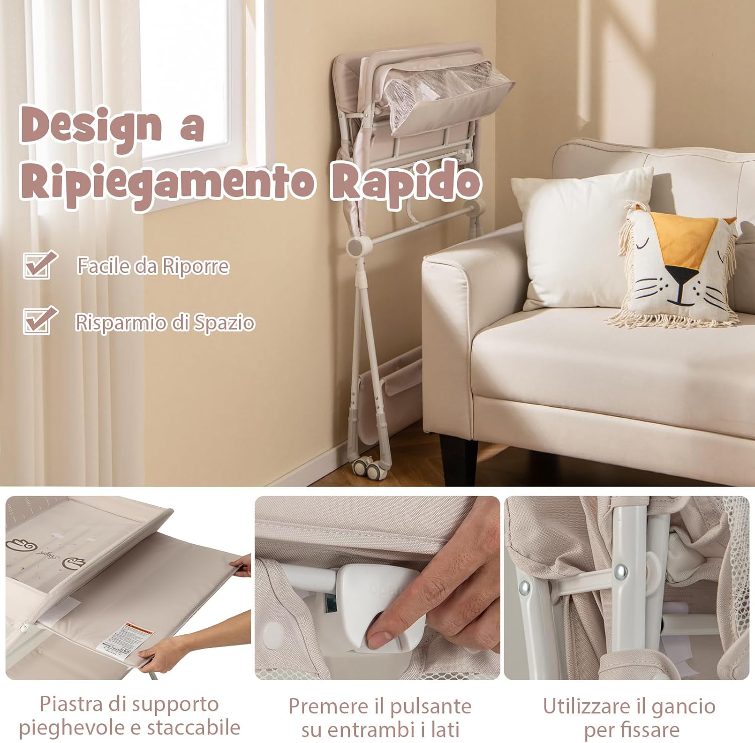 Fasciatoio Neonato Pieghevole, Fasciatoio Portatile con Altezza Regolabile a 3 Livelli, Fasciatoio Neonato con Ruote di Bloccabili, Ripiano, Porta Asciugamani, Cestino di Rifiuti (Beige)