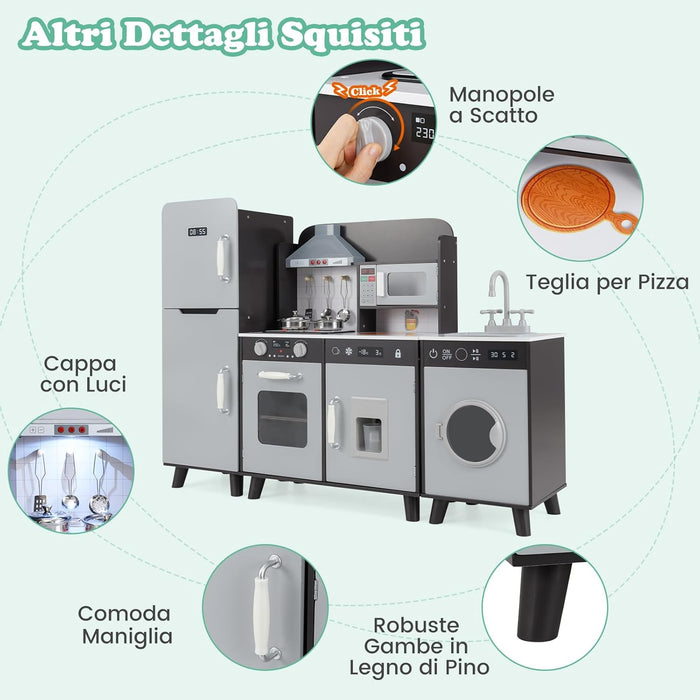 Cucina Giocattolo per Bambini, Cucina per Bambini con Frigorifero, Macchina del Ghiaccio, Lavatrice, Forno, Microonde, Lavello e Rubinetto, Con Luci e Suoni, per Bambini 3+ Anni (Marrone)