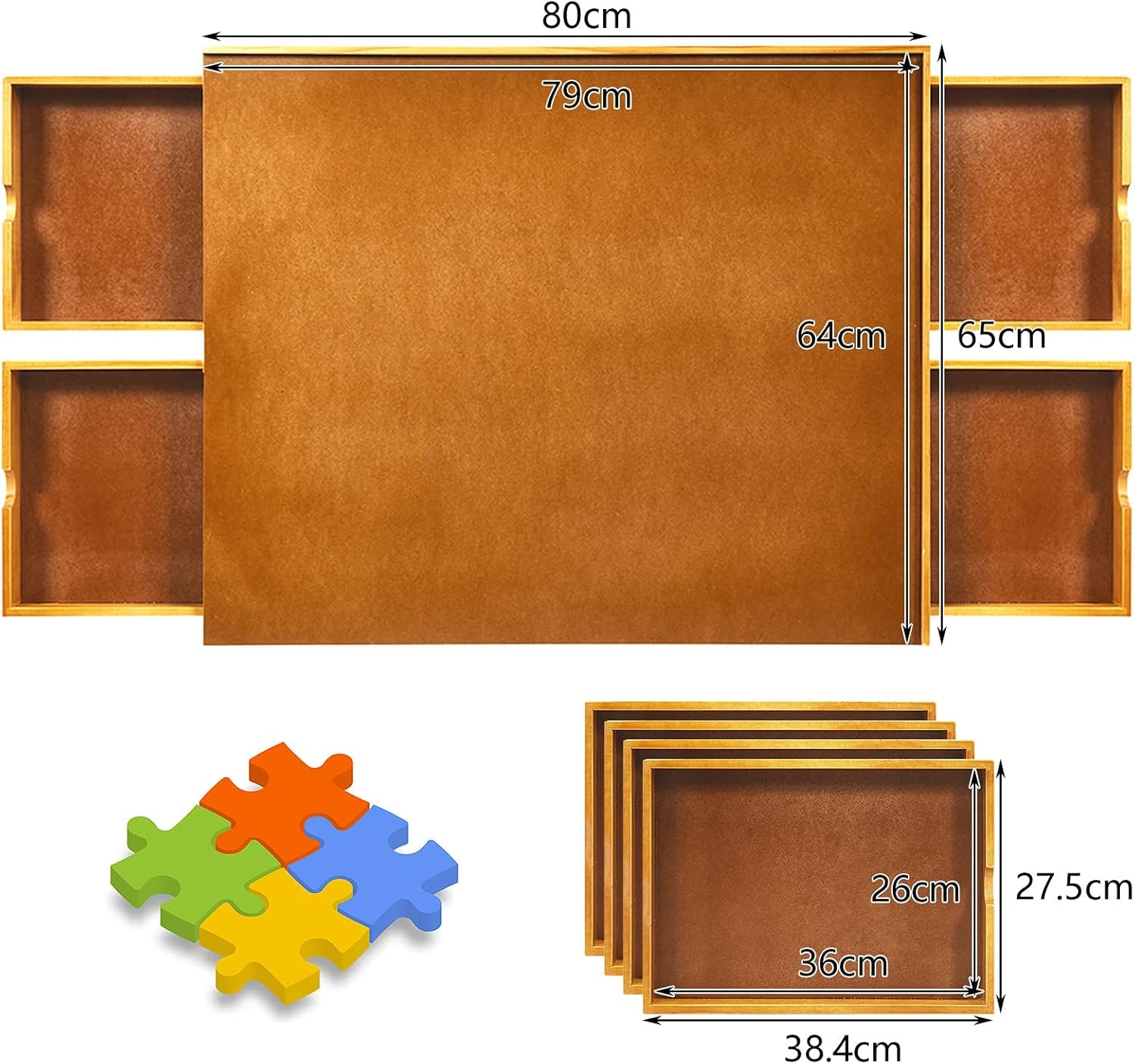 Tavolo da Puzzle, con 4 Cassetti e Vassoio Scorrevole per Puzzle, per Bambini e Adulti, di Legno, 65x80x6,55 cm