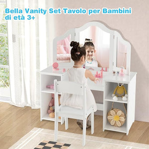 Toeletta Trucco 2 in 1 per Bambina, Specchiera Staccabile per Ragazza in Legno Robusto con 4 Scomparti, Sgabello e Specchio, Postazione Trucco per 3 Anni, 104 x 40 x 117 cm(Bianco)