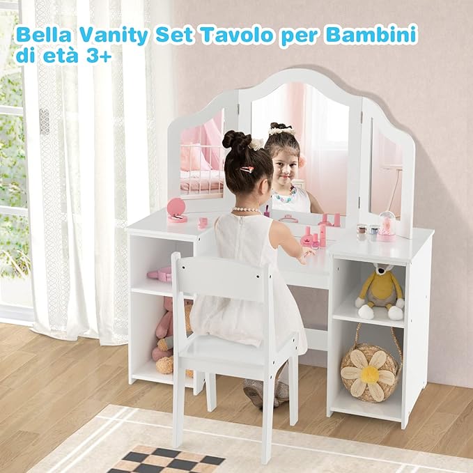 Toeletta Trucco 2 in 1 per Bambina, Specchiera Staccabile per Ragazza in Legno Robusto con 4 Scomparti, Sgabello e Specchio, Postazione Trucco per 3 Anni, 104 x 40 x 117 cm(Bianco)