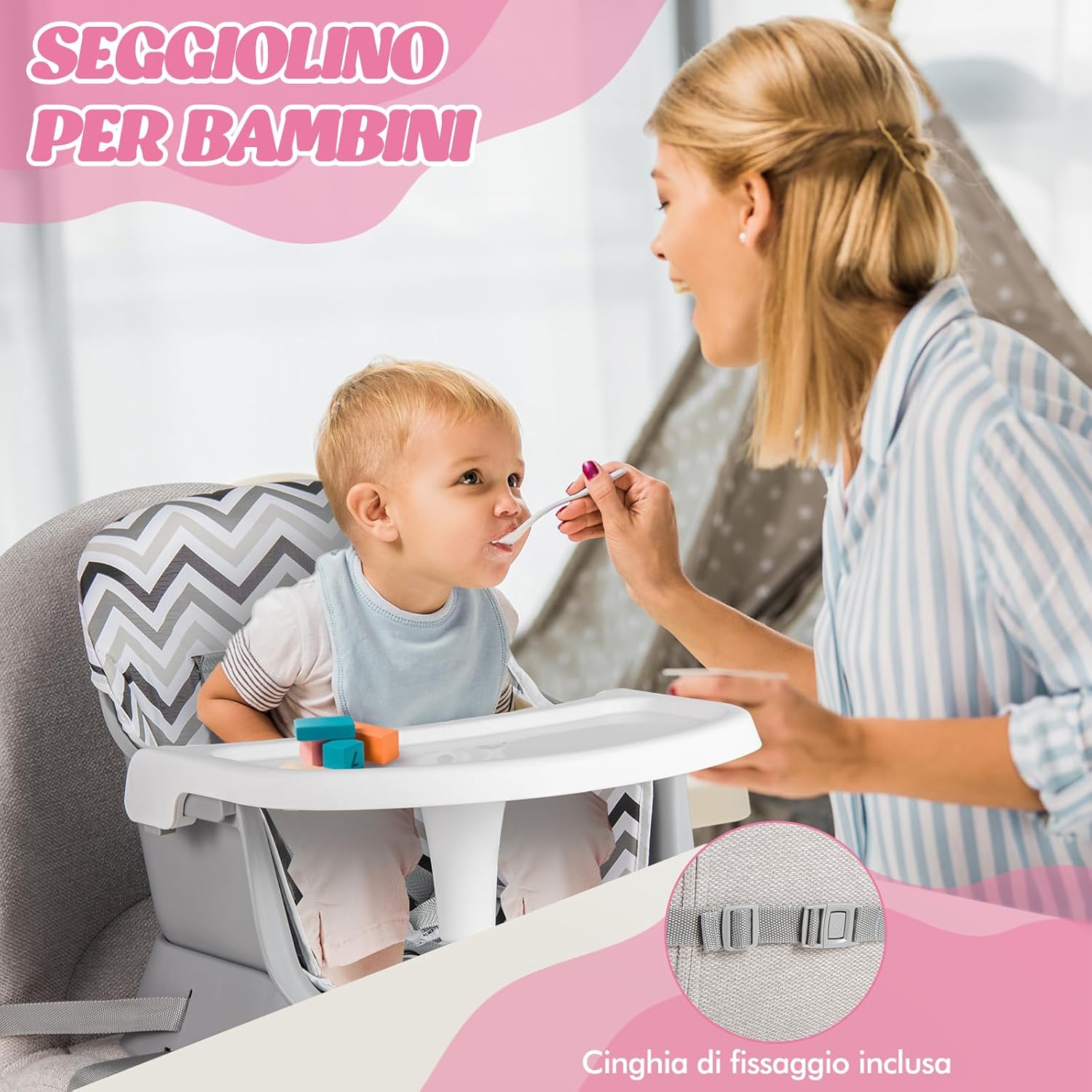 Seggiolone Pappa per Bambini 6 in 1, Seggiolone per Neonati Convertibile, Tavolo per Costruzioni per Bambini, con Imbracatura a 5 Punti, per Bambini da 6 Mesi fino 3 Anni (Gessato)