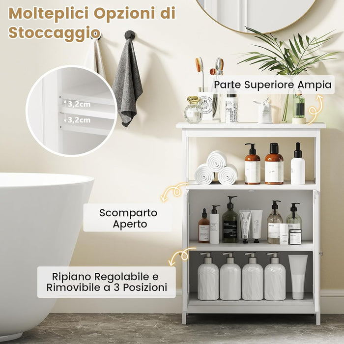 Mobile da Bagno, Armadietto Salvaspazio da Terra con Ripiano Regolabile e 2 Ante, Credenza Moderno in Legno per Soggiorno, Camera da Letto e Ufficio, 60 x 30 x 80 cm, Portata 90 kg (Bianco)