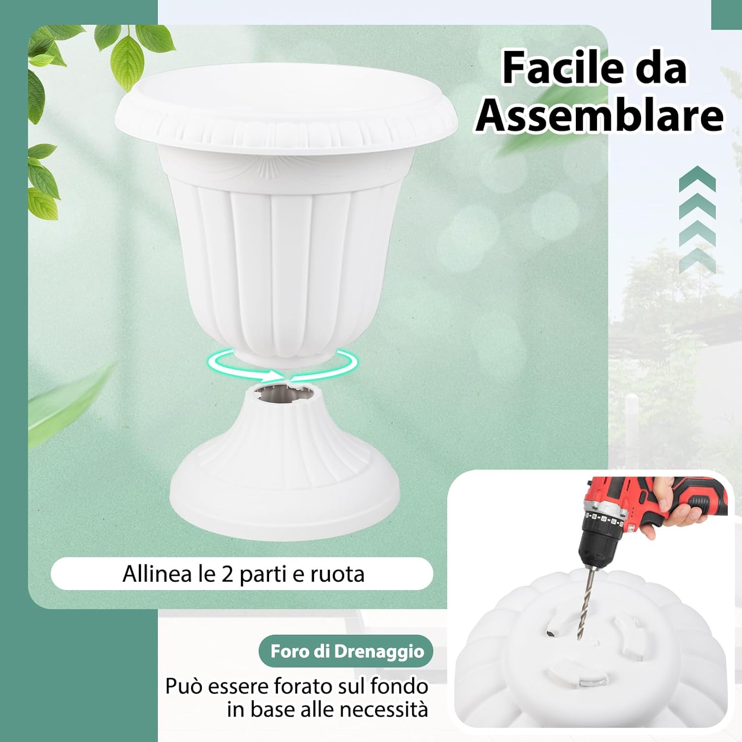 Set di 2 Vasi Alti, Vasi per Fiori in Plastica a Forma di Urna con Base a Piedistallo e Foro di Drenaggio, Contenitori Decorativi per Piante per Interni ed Esterni (Bianco)