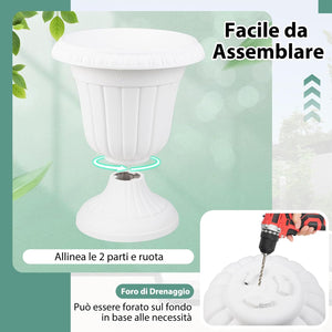 Set di 2 Vasi Alti, Vasi per Fiori in Plastica a Forma di Urna con Base a Piedistallo e Foro di Drenaggio, Contenitori Decorativi per Piante per Interni ed Esterni (Bianco)