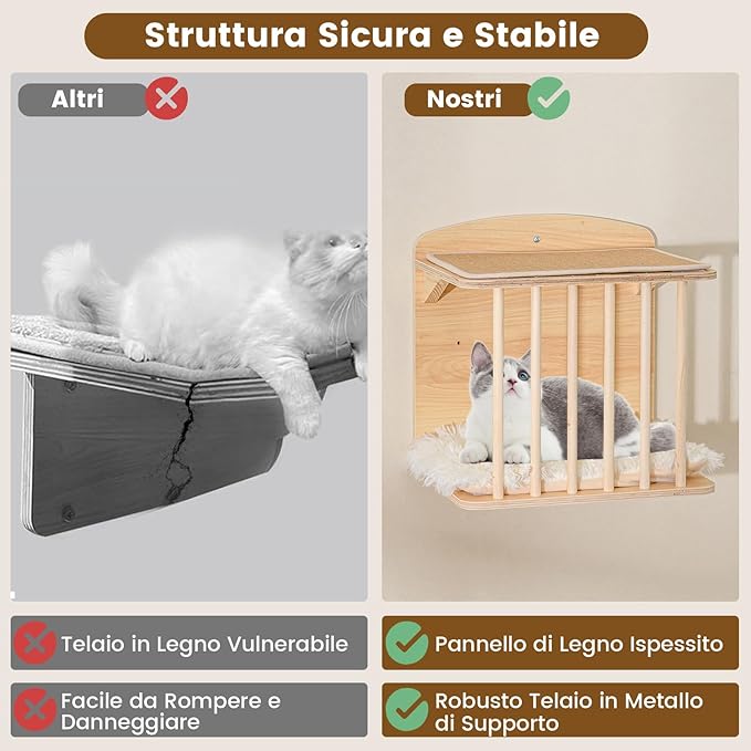 Mensole da Parete per Gatti da Arrampicata, Set Mobili a Murocon 4 Livelli, Amaca, Posto per Graffiare e Tappetini, Albero Tiragraffi Salvaspazio (Modello 5)