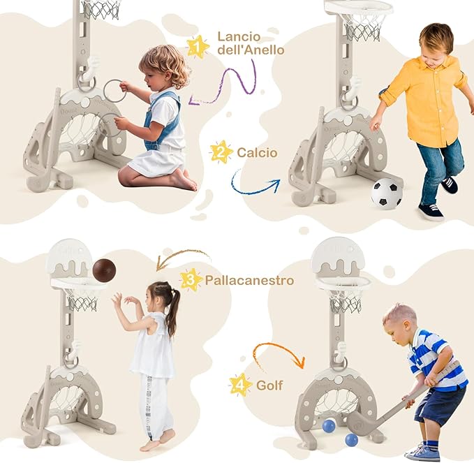 Canestro da Basket per Bambini, 4 in 1 Centro Attività, Porta Calcio Golf Gioco del Cerchio, Altezza Regolabile per Interni ed Esterni, Regalo per Bambini 3-10 Anni