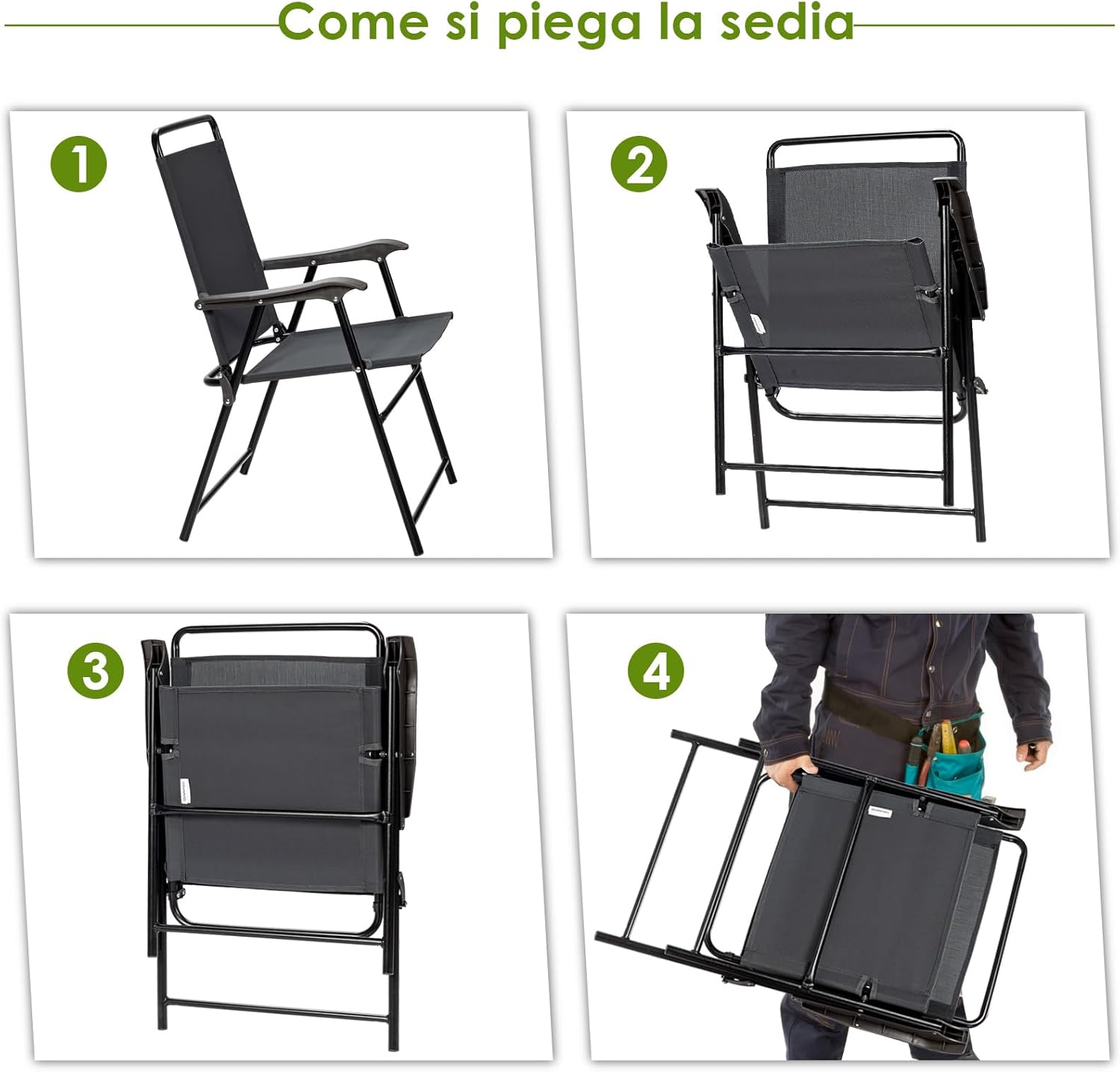 Set di 4 Sedie Pieghevoli da Esterno, Poltrona Portatile con Braccioli e Poggia Piedi, Tessuto Traspirante, Piedini Antiscivolo, per Patio, Giardino