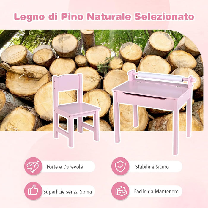 Set Tavolo e Sedia d’Arte per Bambini 3+ Anni, Scrivania in Legno di Pino da Disegno con Portarotolo, Piano Ribaltabile & Vano Portaoggetti, Rotolo di Carta (10m) e 2 Pennarelli (Rosa)