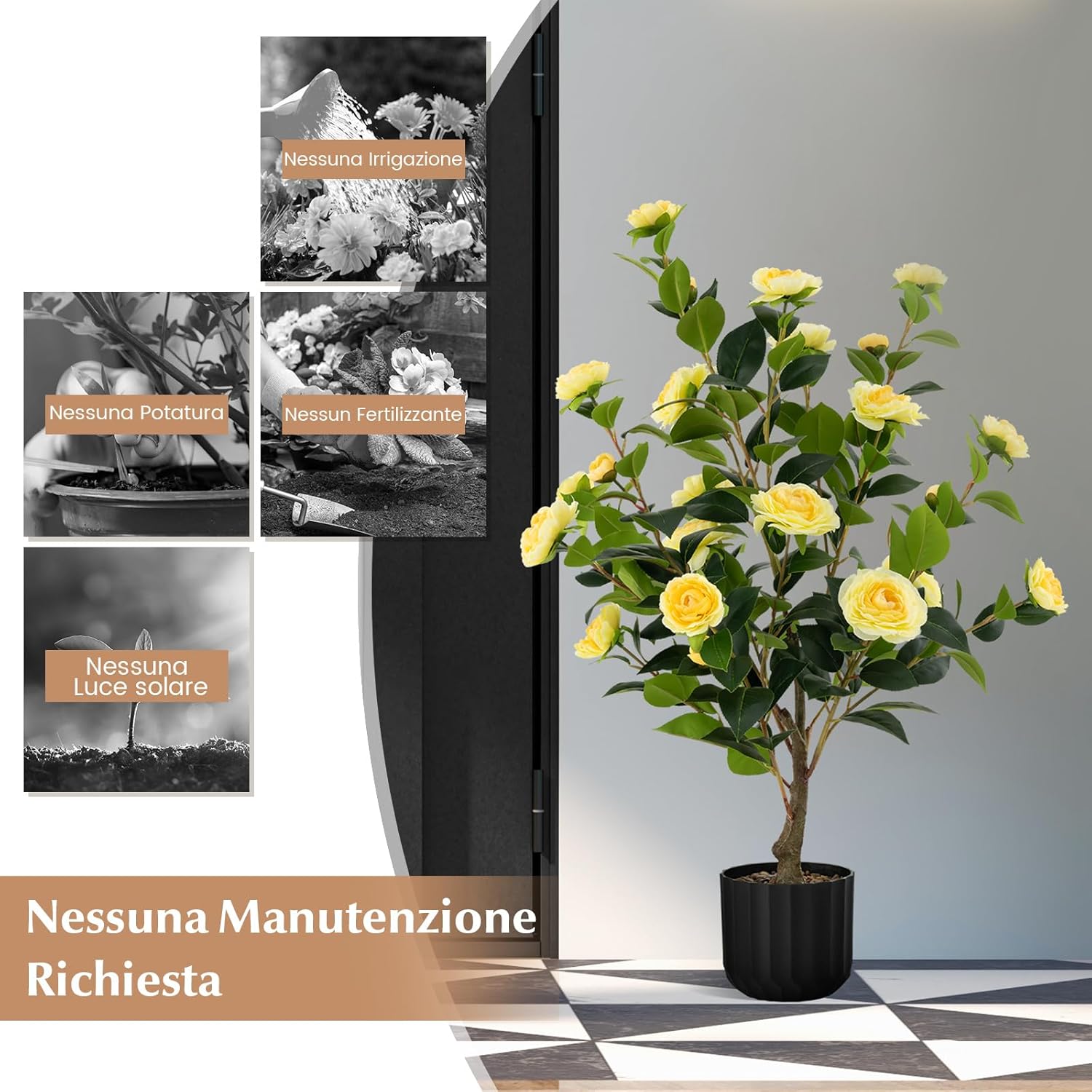 Albero di Camelia Artificiale da 95 cm, Pianta Artificiale con Fiori Finti in Vaso di Cemento, Decorazione per Casa e Ufficio (Giallo)