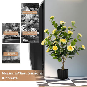 Albero di Camelia Artificiale da 95 cm, Pianta Artificiale con Fiori Finti in Vaso di Cemento, Decorazione per Casa e Ufficio (Giallo)