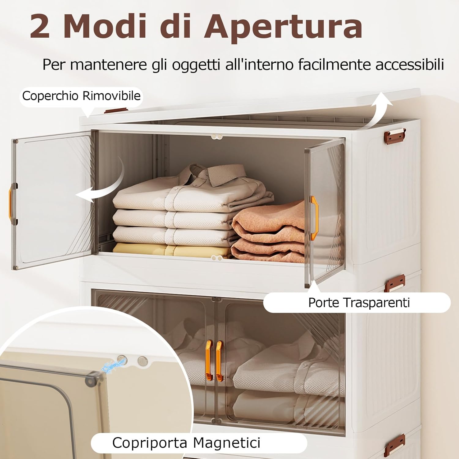 Contenitori da Stoccaggio Pieghevoli con Coperchio da 213/284 L, Scatole Impilabili a 3/4 Piani con Ruote, Organizzatore Pieghevole con Porte per Camera da Letto Soggiorno (65 x 39 x 109 cm)