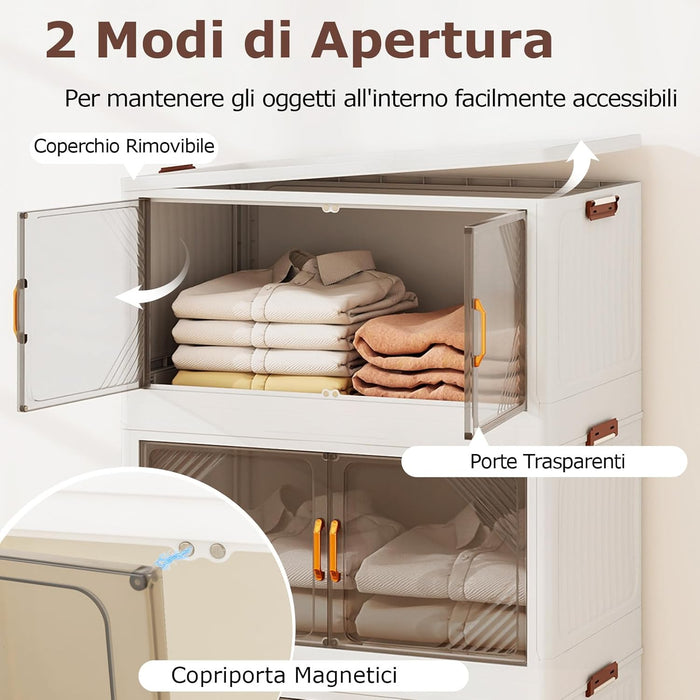 Contenitori da Stoccaggio Pieghevoli con Coperchio da 213/284 L, Scatole Impilabili a 3/4 Piani con Ruote, Organizzatore Pieghevole con Porte per Camera da Letto Soggiorno (65 x 39 x 109 cm)