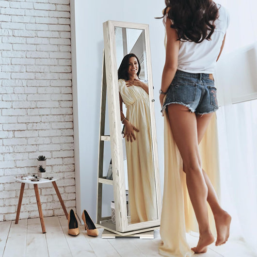 Armadietto Portagioielli Autoportante Girevole con Specchio, Specchio a Figura Intera Organizzatore per Gioielli, Porta Richiudibile a Chiavi, 161x39x39cm (Bianco, 39 x 39 x 161 cm)