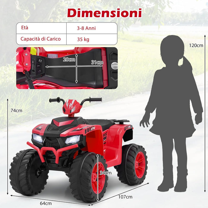 24V Quad Elettrico per Bambini, Macchina Elettrica Cavalcabile con Musica Radio Luci a LED, Avvio Lento, Velocità Fino a 5km/h, per Bambini 3-8 Anni (Rosso)