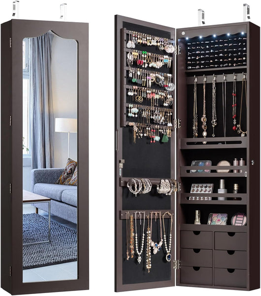 Armadio Specchio Portagioie da Parete e Porta, Specchiera Portagioielli con 5 Luci LED e 6 Cassettiera, con Serratura, Organizer Porta Gioie, Regali per Lei (Marrone)