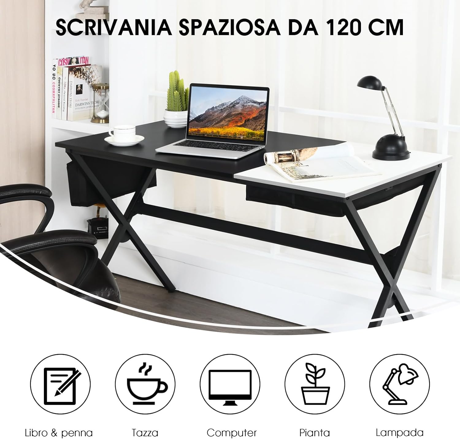 Scrivania per Computer da 120 cm, Scrivania con Cassetto e Tasca Portaoggetti Laterale, Tavolo per PC Moderno per Studio, Camera da Letto, Soggiorno e Ufficio